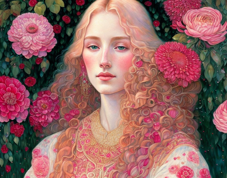 Portrait of Woman with Curly Hair, Gold Dress, and Pink Flowers