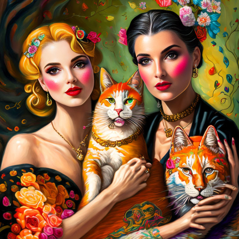 Women with Striking Makeup Holding Cats Among Vibrant Flowers