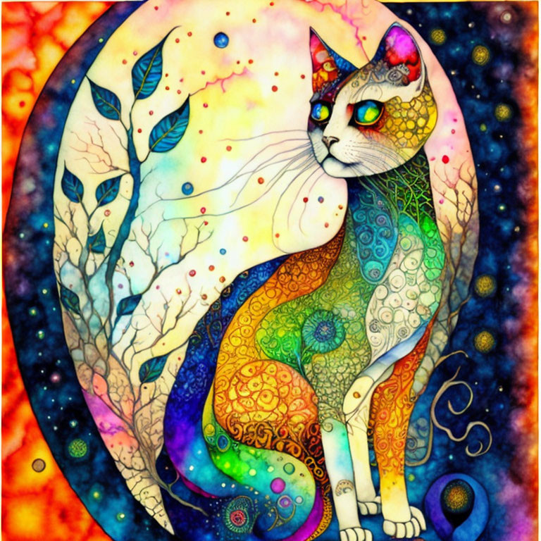 Colorful cat illustration with mosaic pattern on vibrant background, crescent moon, and tree silhouettes