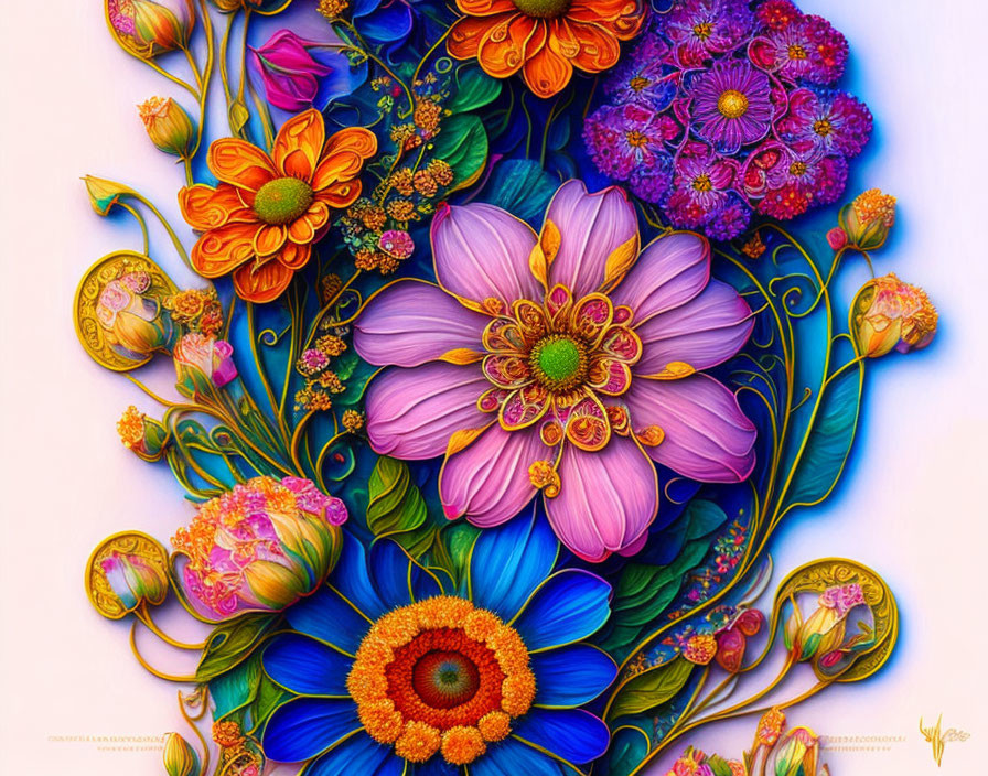 Colorful digital artwork: Stylized flowers in blue, orange, pink, and purple swirl on