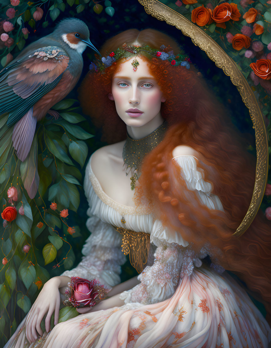 Red-Haired Woman with Floral Crown by Golden Mirror and Colorful Bird