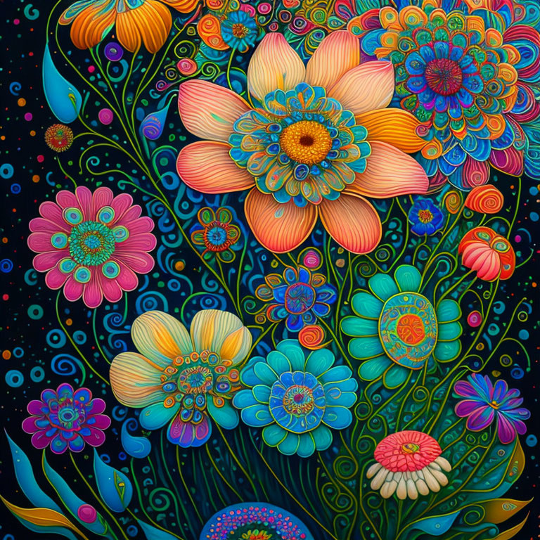 Colorful Psychedelic Flower Art on Dark Background