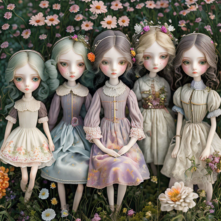 Intricately dressed porcelain dolls against floral backdrop