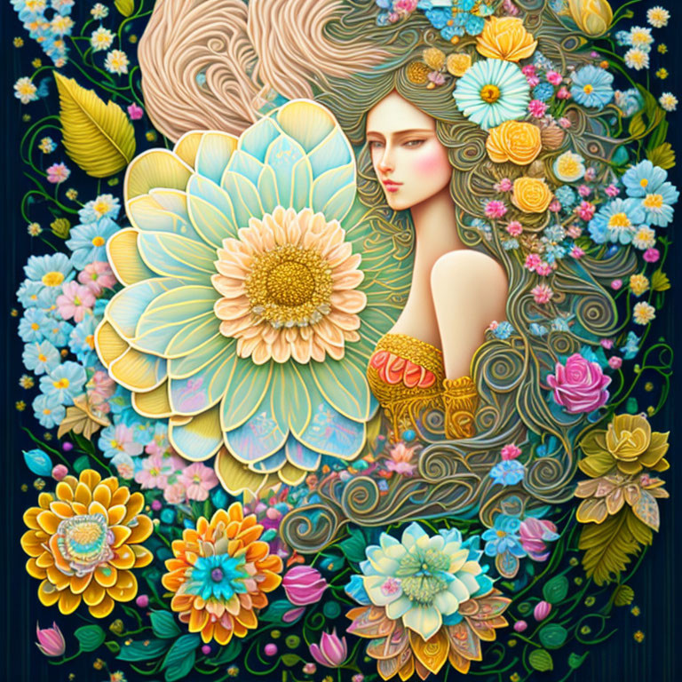 Serene woman amidst colorful floral tapestry