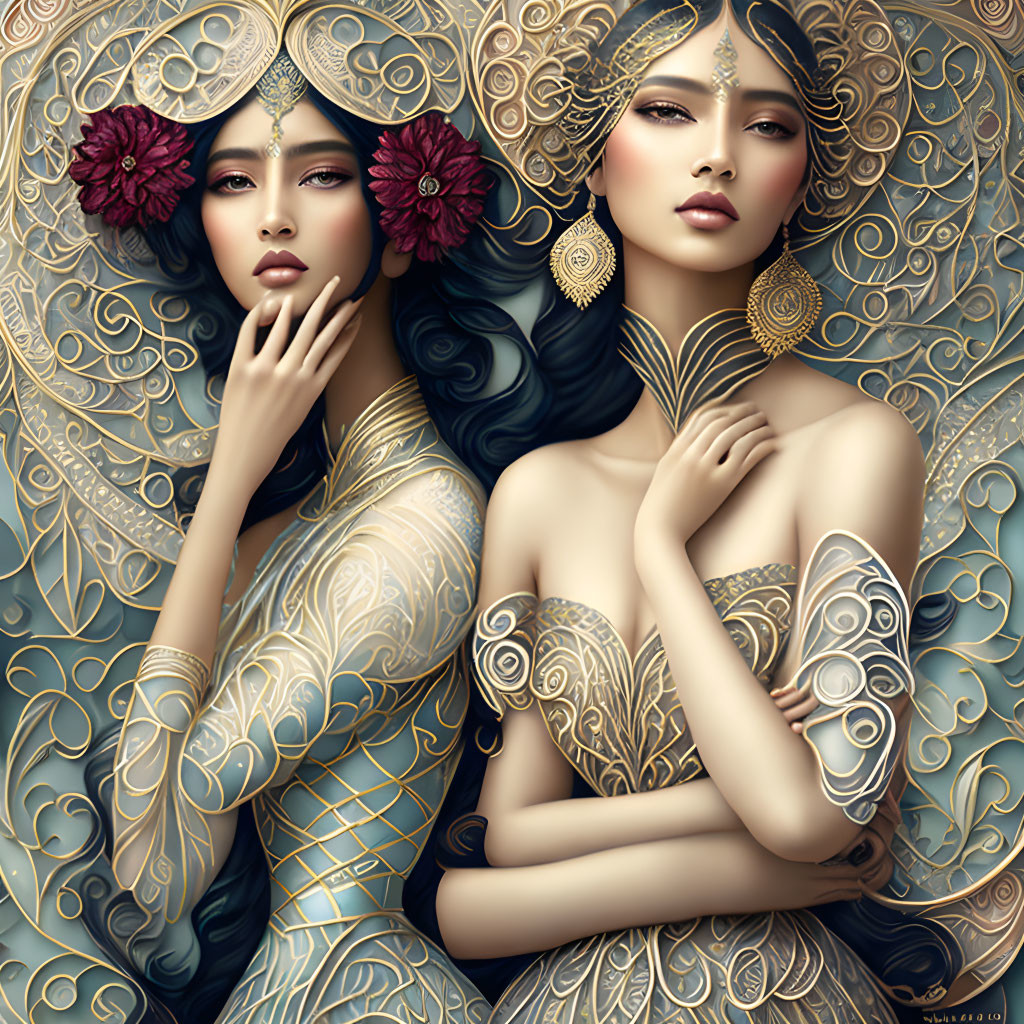 Two Women Adorned in Gold Patterns and Elaborate Jewelry