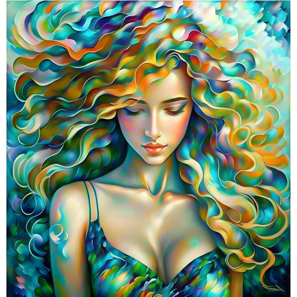 Colorful painting of woman with flowing hair in blue, green, and orange hues, eyes closed.