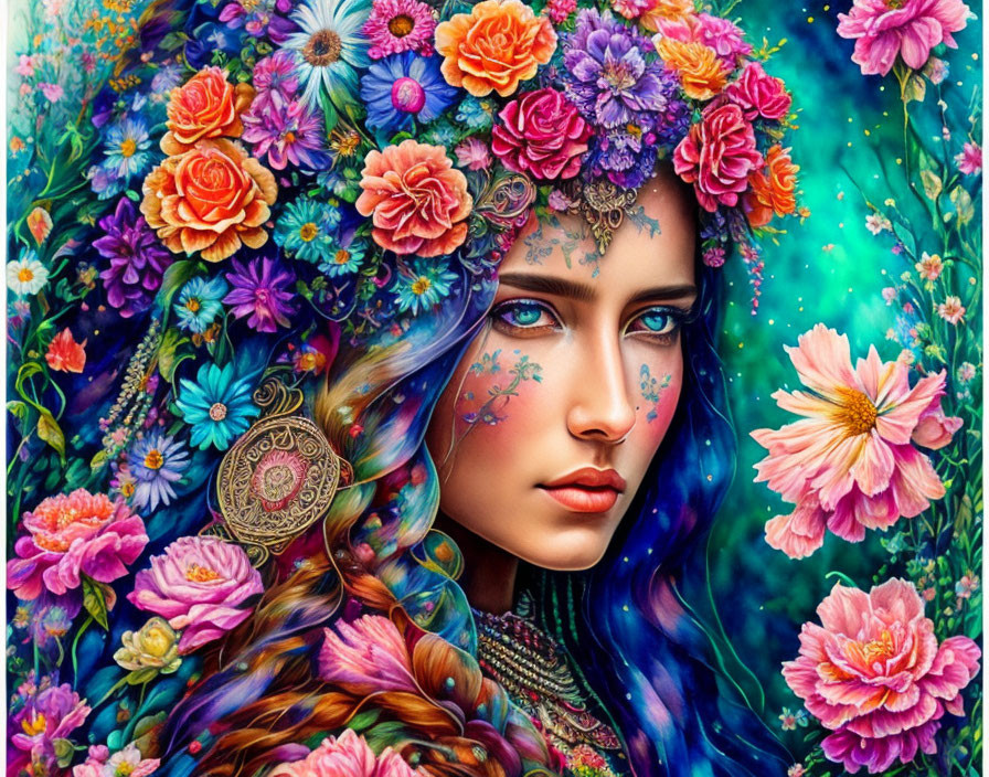 Vibrant artistic illustration of woman with blue eyes and floral headdress