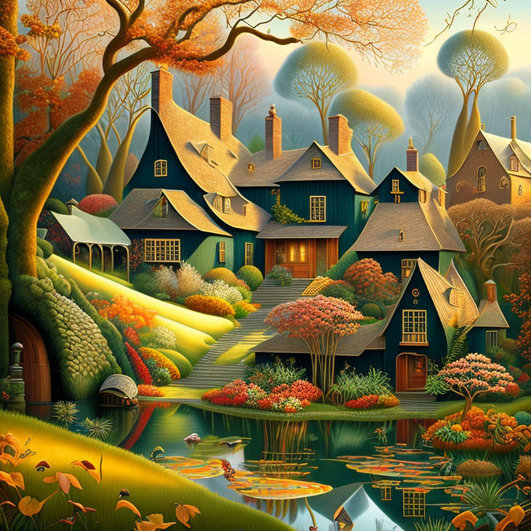 Colorful Illustration: Whimsical Village with Cottages, Gardens, Pond, Trees