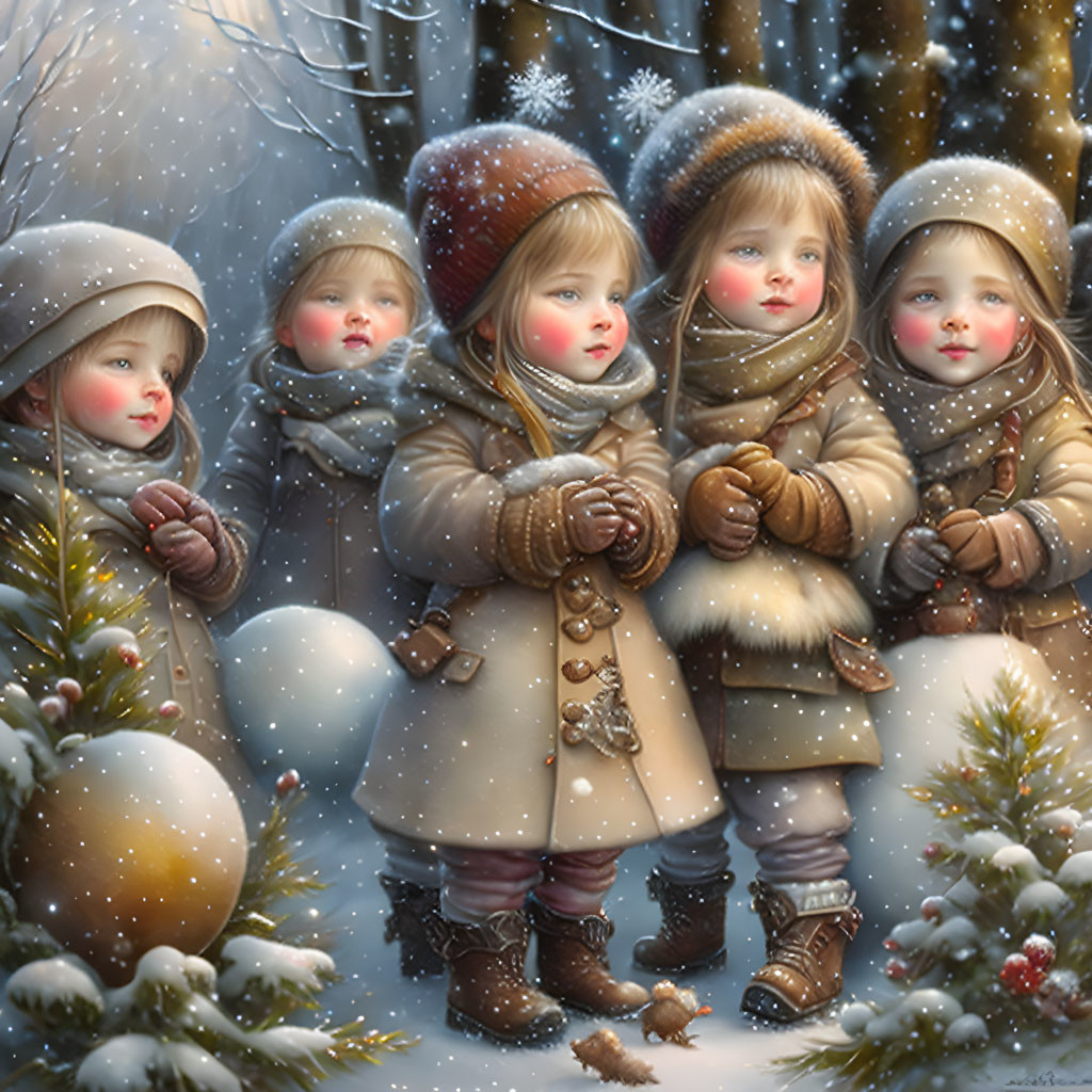 Four children in winter clothing in snowy landscape with festive ornament.