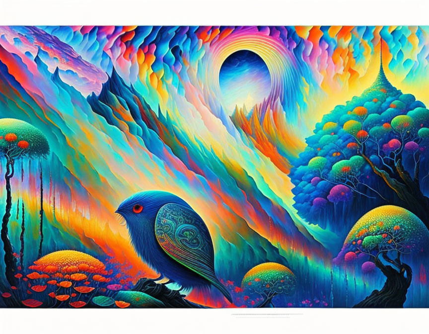 Colorful Psychedelic Artwork: Blue Bird, Surreal Landscape, Multicolored Sky