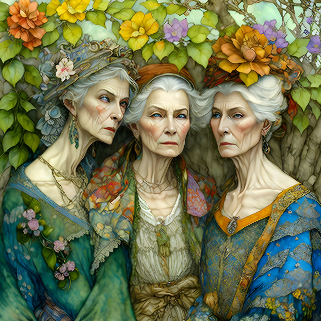 Three stern elderly women in ornate floral garb amid lush flowers