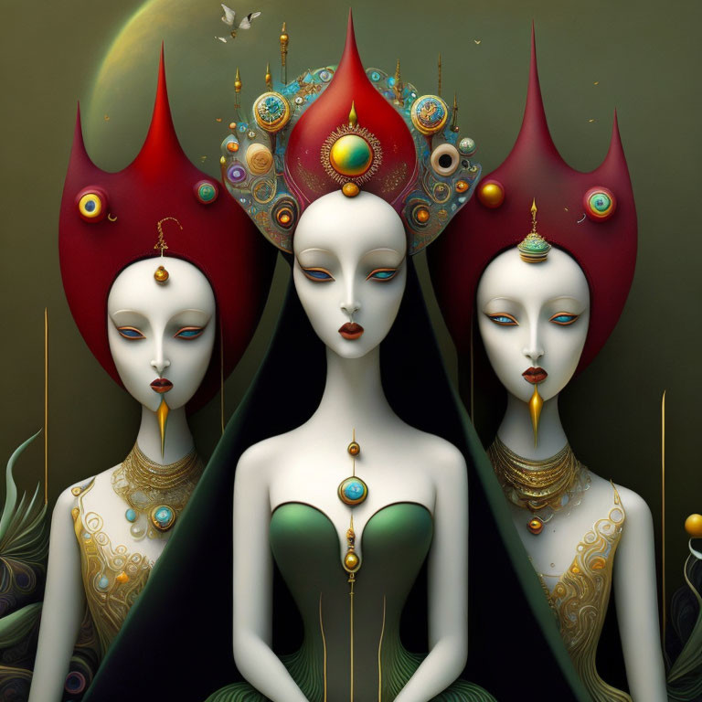 Three stylized female figures with elaborate headdresses and surreal features.