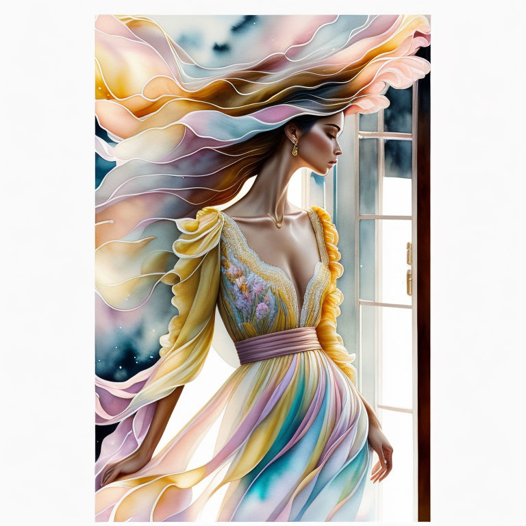 Illustrated woman with multicolored hair and dress beside cosmic door