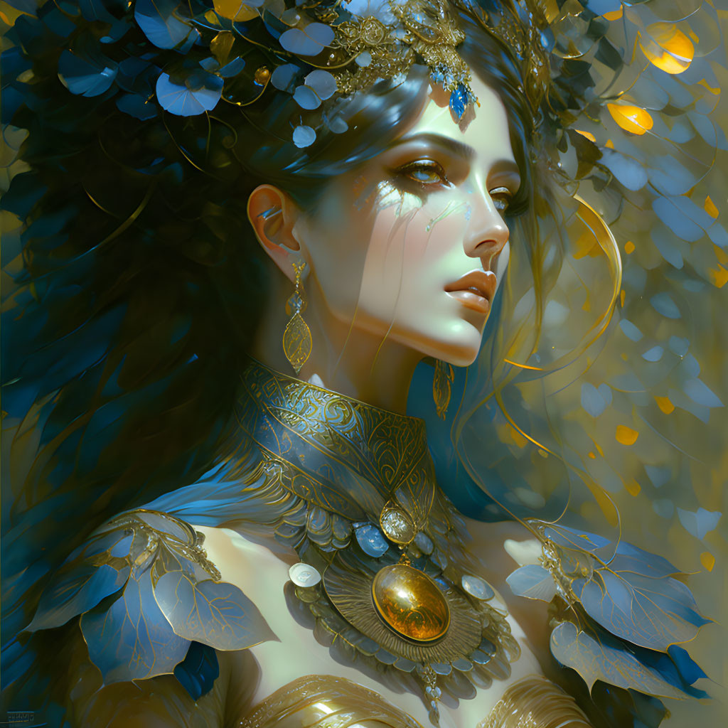 Ethereal woman with gold jewelry and blue flowers in hair