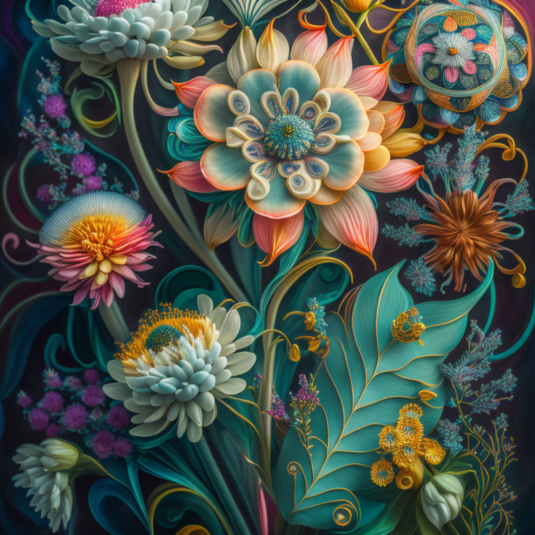 Vibrant digital art: stylized flowers, intricate details, varied textures on dark backdrop