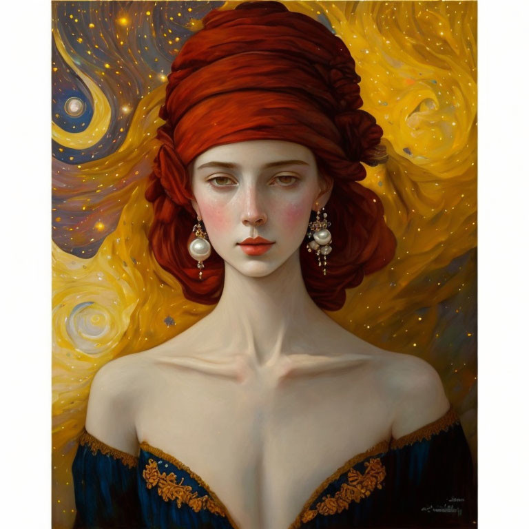 Portrait of woman with red headwrap, pale skin, and earrings against swirling yellow background.