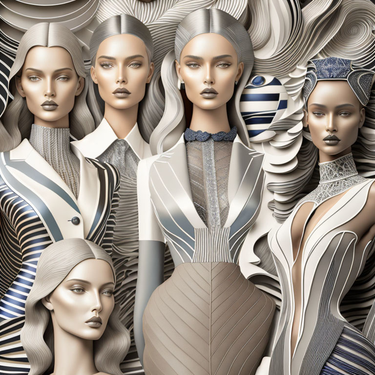 Stylized female figures in monochromatic attire and intricate backgrounds