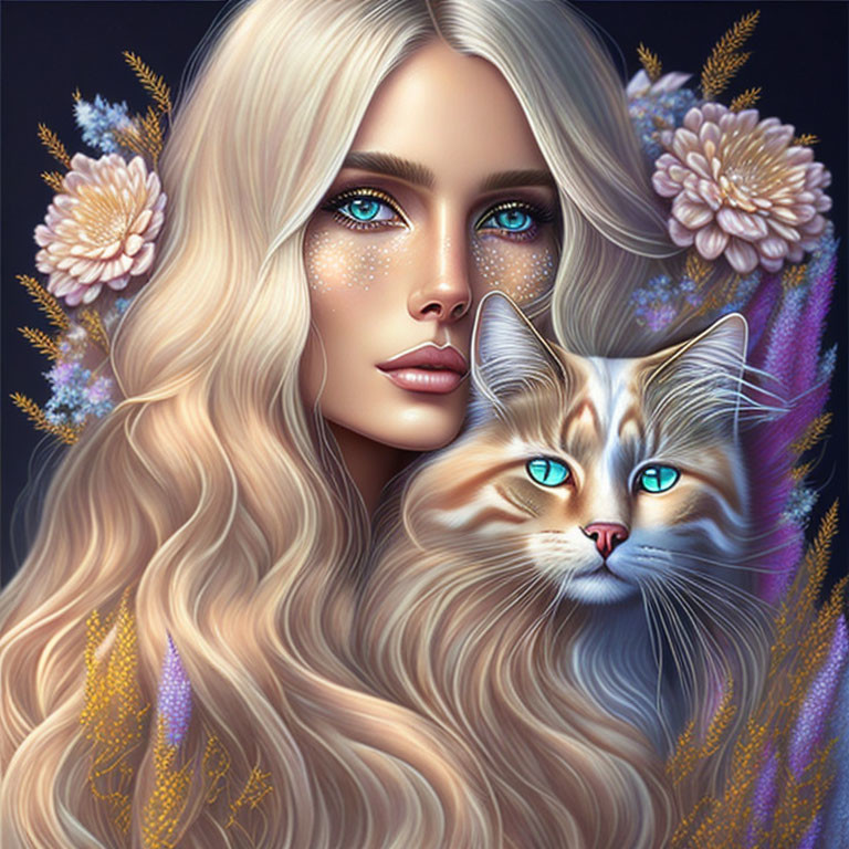 Blond Woman and Blue-Eyed Cat in Floral Setting