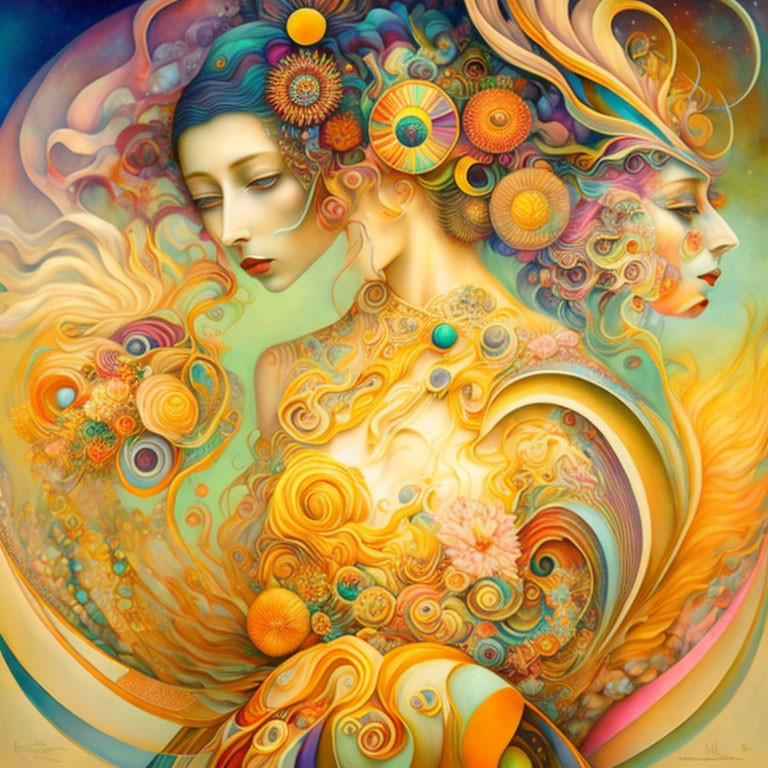 Colorful artwork of two female faces with floral patterns and abstract designs