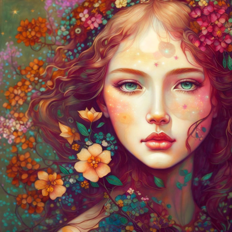 Colorful Illustration: Woman with Flowers in Hair and Star-like Freckles