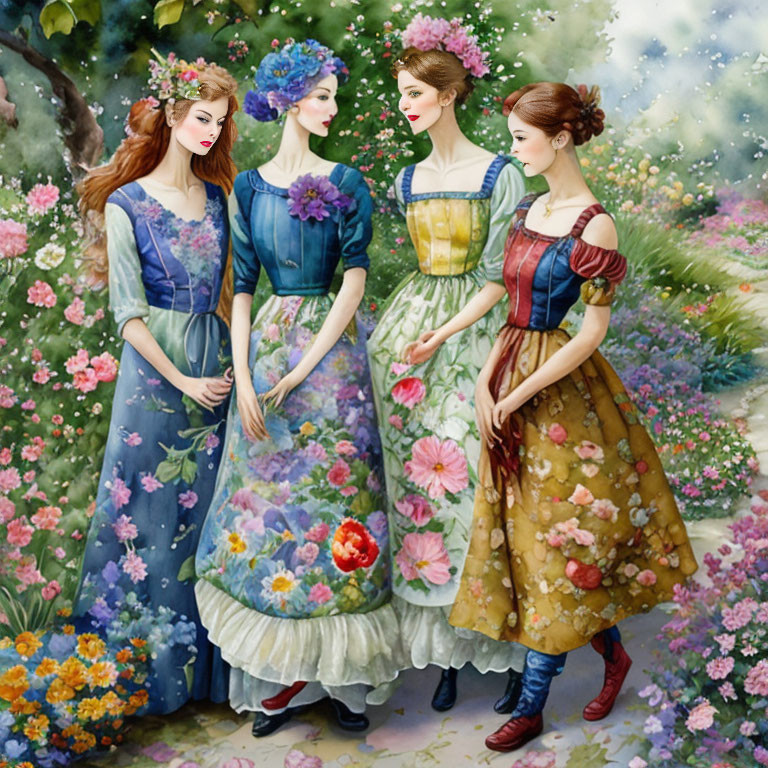 Illustrated women in floral dresses in lush garden setting.