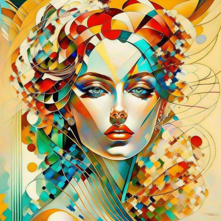 Colorful abstract portrait of woman with flowing hair & geometric shapes