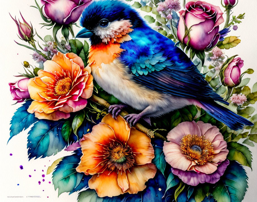 Colorful Bird Perched on Orange Flowers Painting with Pink Roses and Green Leaves