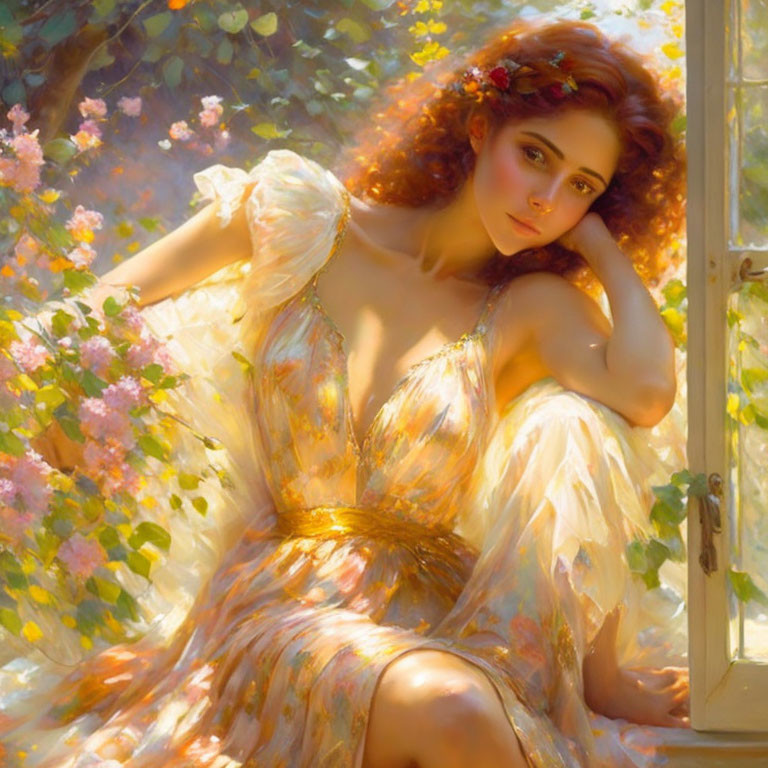 Woman with Wavy Red Hair and Flowers in Flowing Dress by Sunny Window