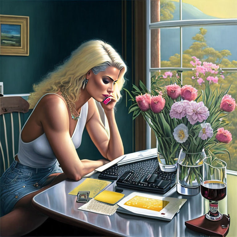 Woman at desk with laptop, wine, and flowers by window