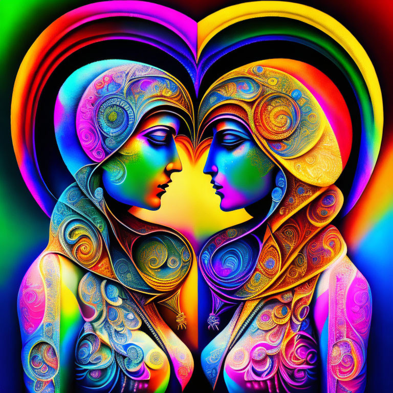 Colorful Psychedelic Artwork: Two Facing Profiles with Heart Silhouette