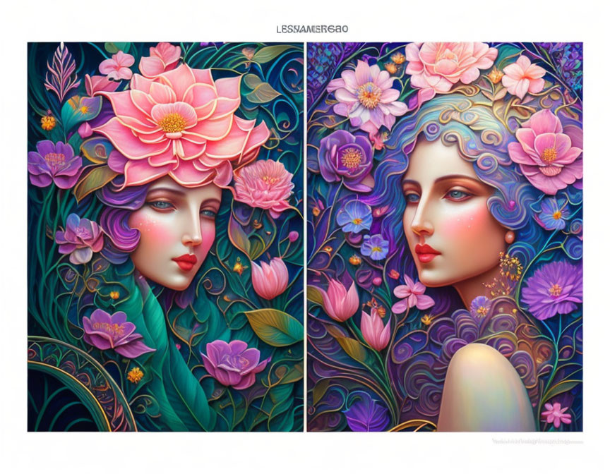 Stylized female portraits with intricate floral patterns in vivid colors