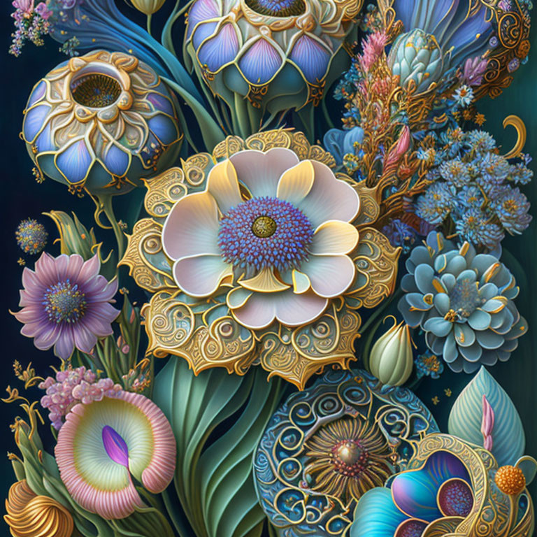 Detailed fantastical floral illustration with vibrant colors and intricate patterns