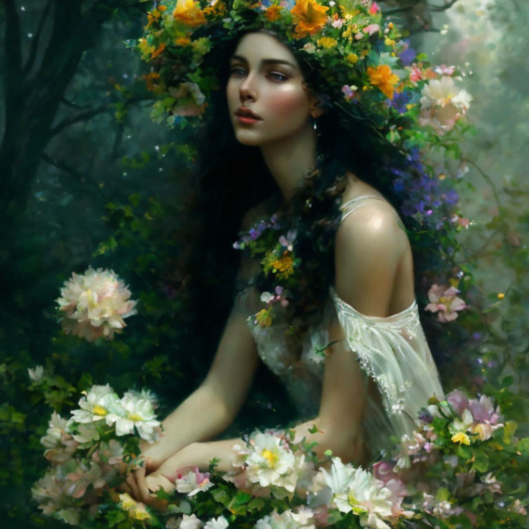 Woman with Floral Wreath Surrounded by Lush Flowers and Foliage