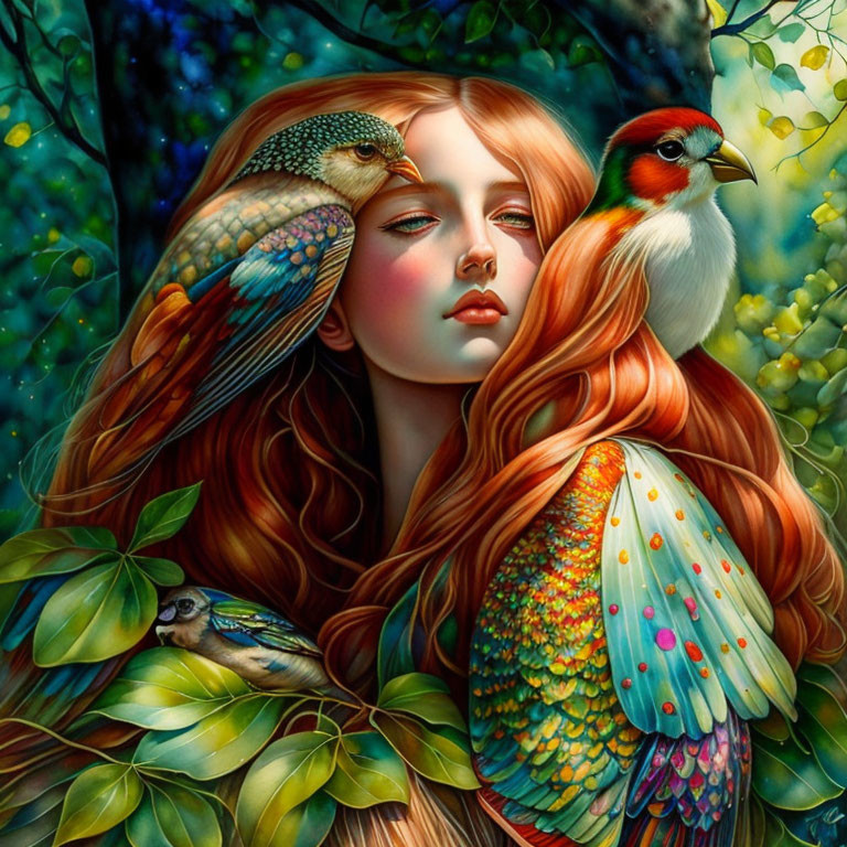 Vibrant red-haired woman with birds in surreal nature setting