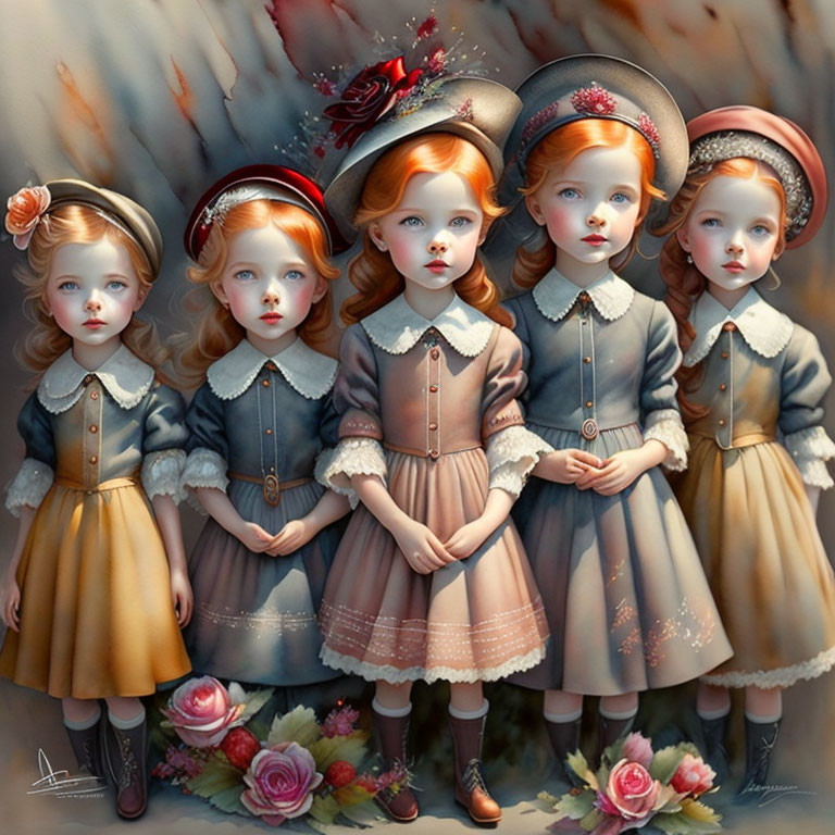 Four girls in vintage dresses and hats surrounded by roses in a dreamy setting