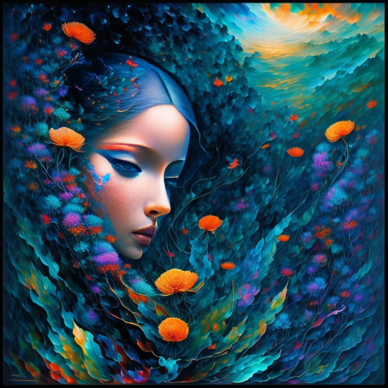 Vibrant art: Woman with dark hair blending into abstract nature in blue and orange.