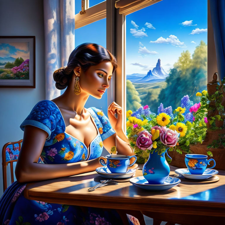 Woman in Blue Dress Contemplating by Window with Mountain View