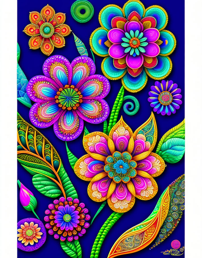 Vibrant digital artwork featuring stylized flowers and leaves on blue background