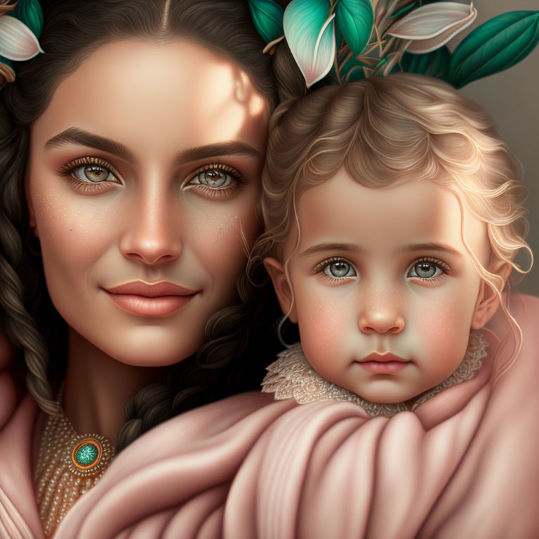 Illustration of woman and child with wavy and curly hair, green eyes, pink garment, and