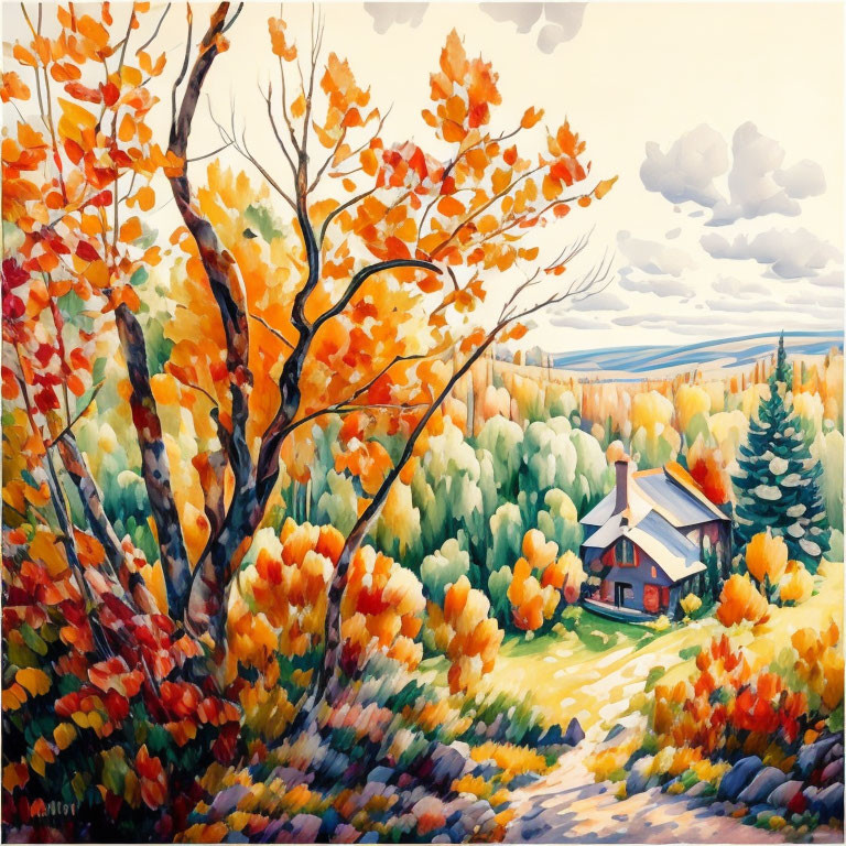 Colorful autumn landscape with small house and fall trees