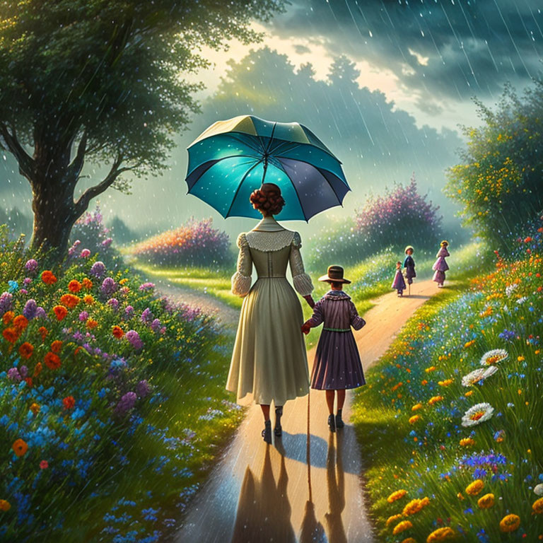 Woman and child with blue umbrella walk in rain among flowers.