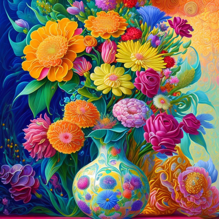 Assorted colorful flowers in decorated vase on vibrant background