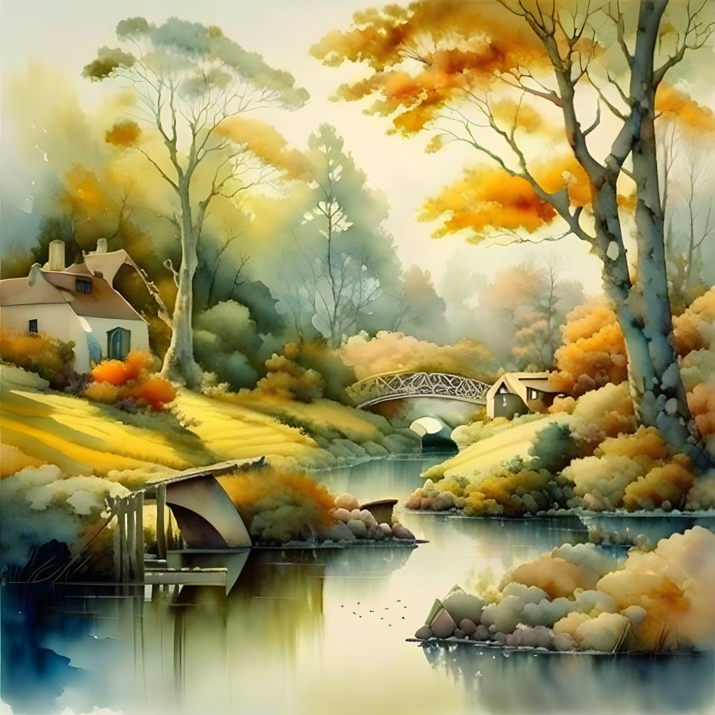 Tranquil autumn landscape with cottage, bridge, stream, and vibrant fall foliage