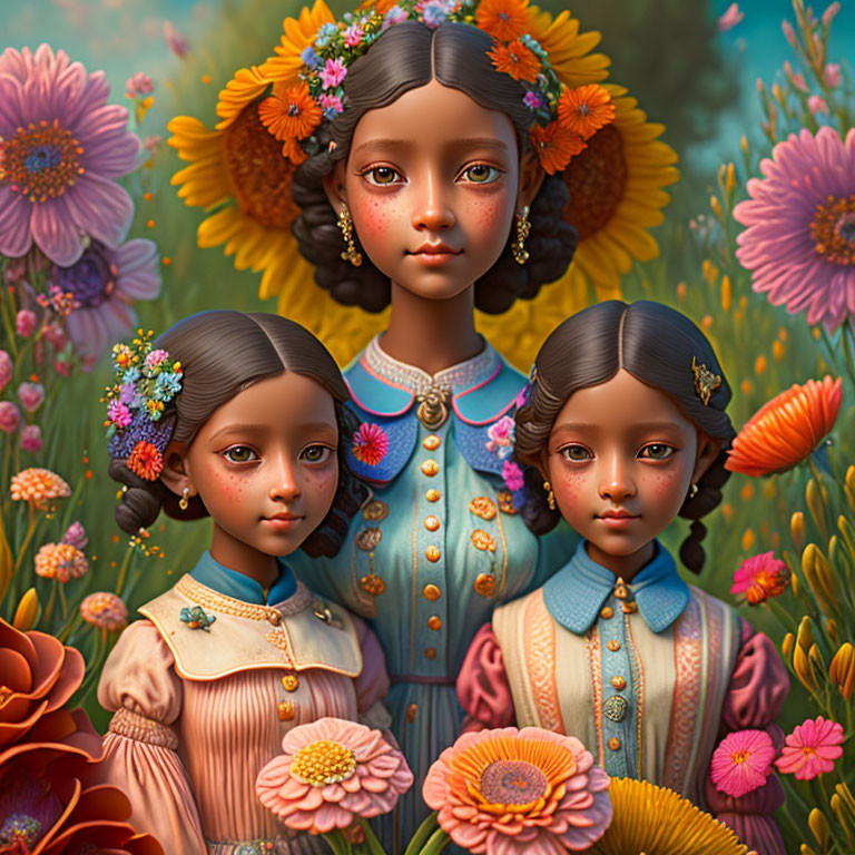 Three stylized doll-like characters with floral backgrounds and intricate clothing.