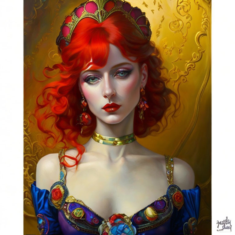 Vibrant red-haired woman in regal attire with blue dress and choker