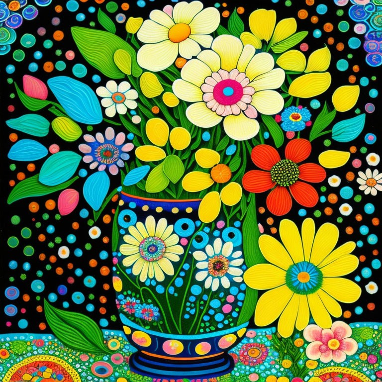 Colorful Flower Illustration in Decorative Vase on Psychedelic Background