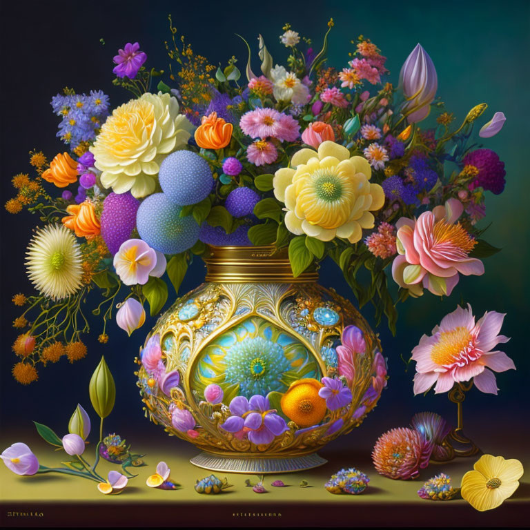 Golden vase with intricate details holding colorful flowers on dark background