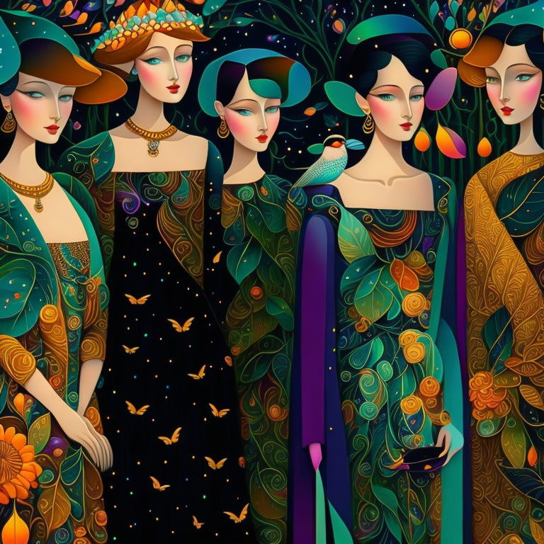 Stylized women in elegant dresses and hats with floral and bird motifs