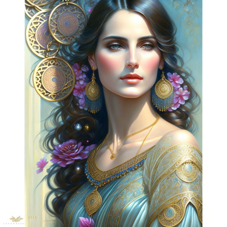 Detailed illustration: Woman with dark hair, teal attire, gold jewelry, ornate floral backdrop