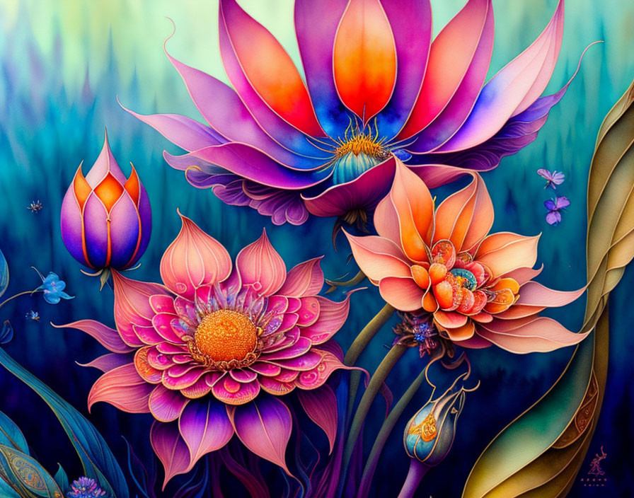 Colorful Lotus Flower Painting with Surreal Background